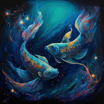Illustration of two goldfish in cosmic space with fire and stars