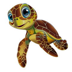Smiling sea turtle cartoon with a shiny shell cut out on transparent background