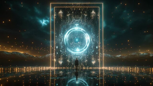 A man stands in front of a doorway, illuminated by a blue light, Infinity mirror effect with digital symbols, AI Generated