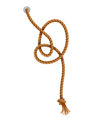 Knotted ropes with tassels and holes. Knot cord curve, rope sailor marine. Curtain tassels, realistic rope elements. Isolated marine twisted loops. Vector illlustration