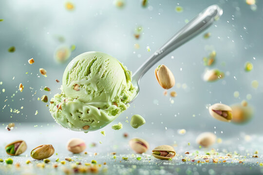 Pistachio Ice Cream Scoop with Flying Nuts. A vibrant image capturing a scoop of pistachio ice cream in mid-air surrounded by flying pistachio nuts and crumbs.