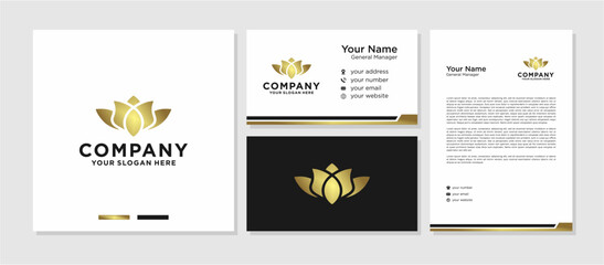 Gold Flower Vector Logo , with Business Card and Letterhead