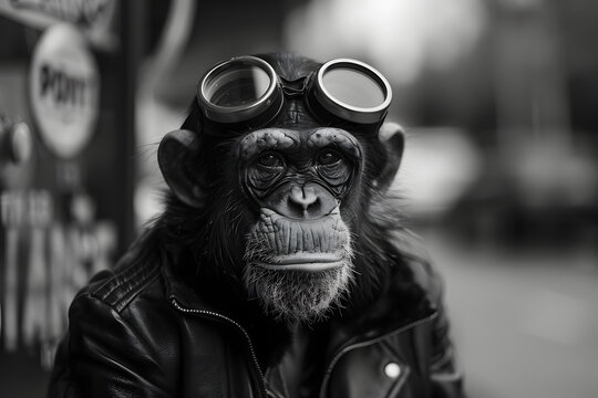 a black and white photo of a monkey wearing goggles and a leather jacket with a sign in the background.