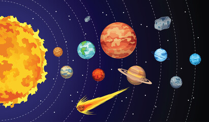 Solar system design icons. Galaxy discovery and exploration. Astronomy science banner design for kids learning. Flat design cartoon style vector illustration © designer_things