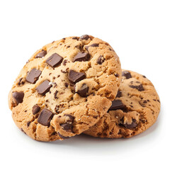 Chocolate chip cookie on white background.