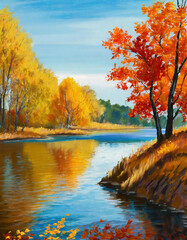 Colorful autumn landscape with river and yellow trees. Digital painting.