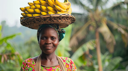 In the village, an African woman is happily carrying a basket laden with bananas atop her head - obrazy, fototapety, plakaty