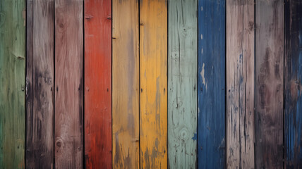 Multi-colored painted wooden planks with fading, chipping, wear shown on various boards more faded colorful wood background image - obrazy, fototapety, plakaty