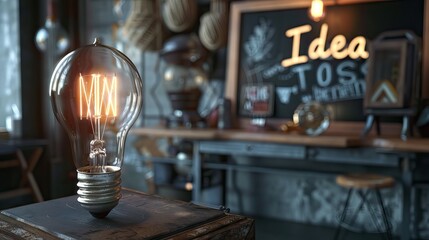 Light bulb with glowing text Idea on dark background and signboard with the inscription idea in an industrial interior. AI generated illustration - obrazy, fototapety, plakaty