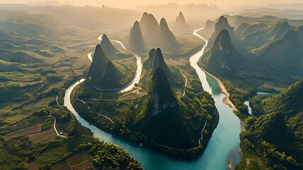 Mountain Majesty: A Bird's-Eye View of a Meandering River Amidst Towering Peaks
 - obrazy, fototapety, plakaty
