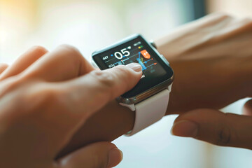 A man looks at a smartwatch on his hand, the screen of which displays information.