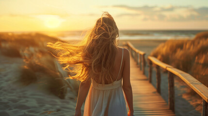 Woman walking in beach at sunset, Back view portrait of young girl walking on wooden boardwalk in evening, hair blowing with wind and glowing with sun light - obrazy, fototapety, plakaty