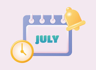 3d calendar icon. July. Daily schedule planner. Calendar events plan, work planning concept. 3d cartoon simple vector illustration