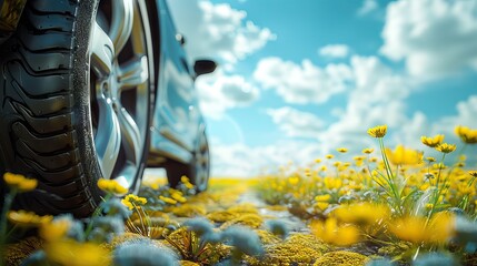 Close up view of car wheel.Transportation concept.wheel with summer tires close-up on background of summer landscape. AI generated illustration - obrazy, fototapety, plakaty