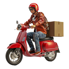 Delivery man on a red scooter with a large package cut out on transparent background