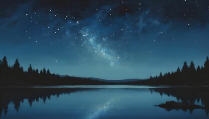A painting of a night sky with stars above a lake created with generative ai. - obrazy, fototapety, plakaty
