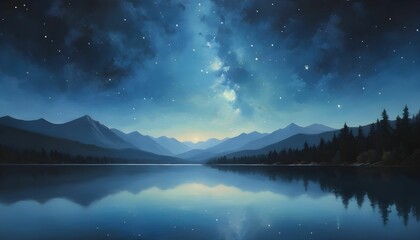 A painting of a night sky with stars above a lake created with generative ai. - obrazy, fototapety, plakaty