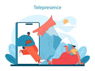 Telepresence in Virtual Tourism. Man interacts with a giant smartphone