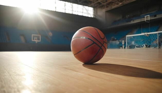 Basketball ball lying on the floor on sports arena, a stadium with sun light coming into the gym created with generative ai.