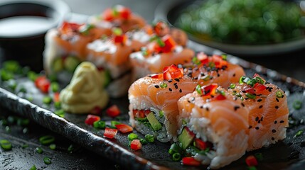 Beautiful sushi and rolls on a dark stone background. Food advertising. Banner, menu.