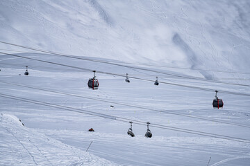 Many cable cars in the winter resort