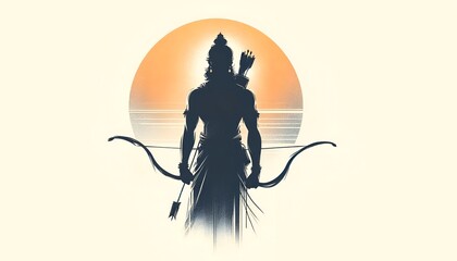 Ram navami illustration with lord rama silhouette holding bow and arrow. - obrazy, fototapety, plakaty