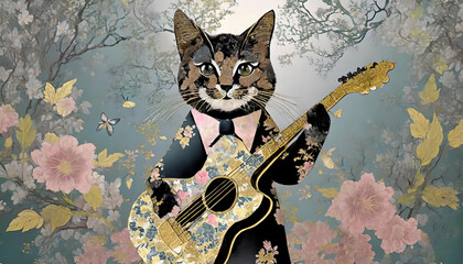 ギターを弾く異世界のネコ　AI画像　ジェネレーティブ AI  - obrazy, fototapety, plakaty