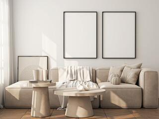 Frame mockup, ISO A paper size. Living room wall poster mockup. Interior mockup with house background. Modern interior design. 3D render
- 774347341