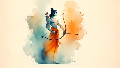 Watercolor illustration of lord rama with a bow and arrow for ram navami celebration. - obrazy, fototapety, plakaty