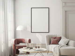 Frame mockup, ISO A paper size. Living room wall poster mockup. Interior mockup with house background. Modern interior design. 3D render
- 774347387