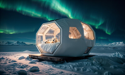 polar bear, lies on a bed in a small room with a clear ceiling, allowing for viewing of the night sky. The sky is filled with green and yellow aurora lights. The room is on a platform in the snow. - 774347397