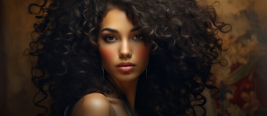 Fototapeta premium A close up of a woman with very long curly hair cascading down her shoulders and back