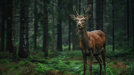 Portrait of a deer walking through a green deciduous forest in the morning sun	
