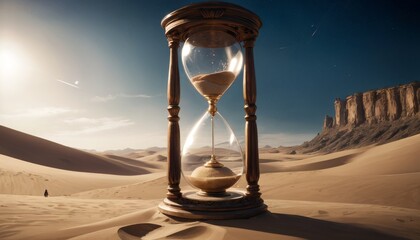 An hourglass stands majestically in a serene desert, symbolizing the vastness of time against nature's endless sands.