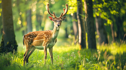 Naklejka na ściany i meble Deer walking through a green deciduous forest in the morning sun 