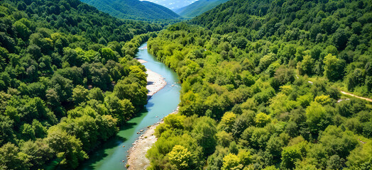 Beautiful natural scenery of river in tropical green forest with mountains in background. aerial view. a river in the middle of a forest