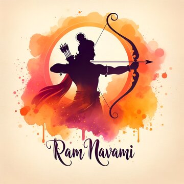 Watercolor illustration for the celebration of ram navami with a silhouette of lord rama.