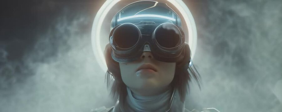 Close up shot of steampunk girl wearing a glasses standing with nimbus in front of gray cosmic fog light background. Anamorphic 4K