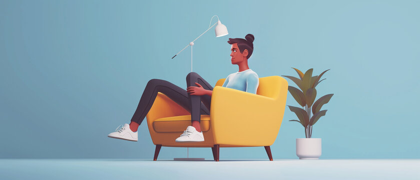 3D vector showing a person leading a sedentary lifestyle, sitting all day with no physical activity, highlighting the lethargy and health risks