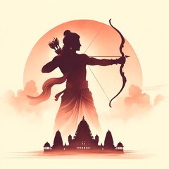 Watercolor  illustration to celebrate ram navami with a silhouette of lord rama holding bow and arrow. - obrazy, fototapety, plakaty