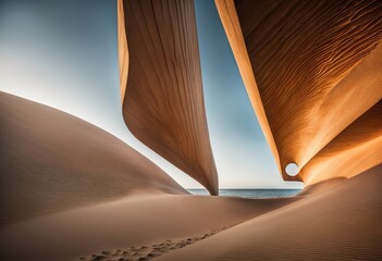sculpture in the desert, with a body of water in the background. The sand is beige and the sky is blue. - 774348560