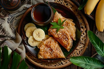 Bird s eye view of maandazi with banana and tea - obrazy, fototapety, plakaty