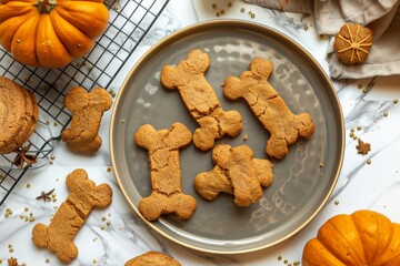 Healthy homemade pumpkin dog bone cookies displayed on cooling rack and plate top view