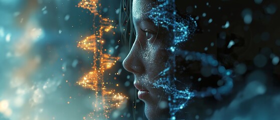 Human profile with a backdrop of a radiant DNA double helix, representing bioengineering and genetics