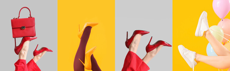 Collage of female legs in elegant high heels and sports shoes on light and yellow backgrounds