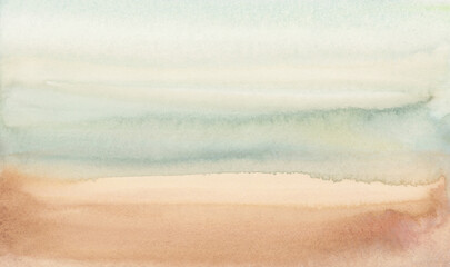 Ink watercolor hand drawn smoke flow stain blot wave landscape on wet paper texture background. Blue, gray, beige color.