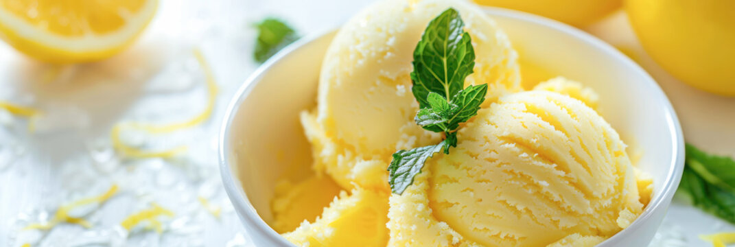 Fresh Lemon Ice Cream in White Bowl. This image showcases a refreshing bowl of lemon ice cream garnished with mint leaves, perfect for summer desserts.