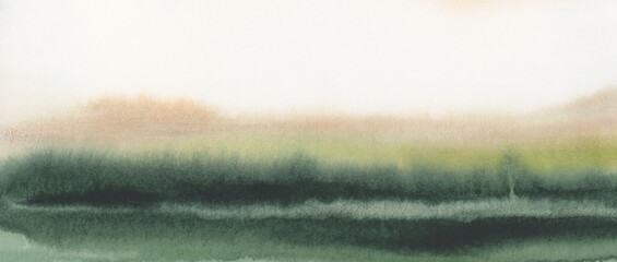 Naklejka premium Ink watercolor hand drawn smoke flow stain blot landscape on wet paper texture horizontal background.