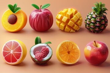 There are a variety of fruit, berries, and yogurt icons in this set. Mango, banana, pineapple, apple, orange, chocolate, melon, coconut, and dried berries.