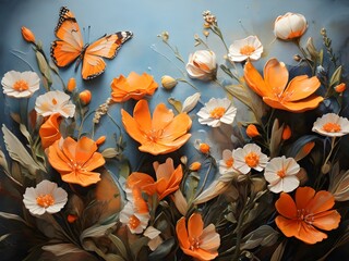 Orange Colors butterflies painted with oil paints and delicate wildflowers | Colorful oil paint art